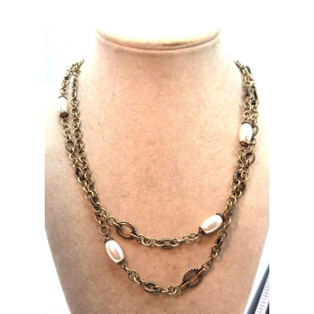 Vintage Brass-Tone Chain Necklace With Faux Pearls & Ornate Detailing
